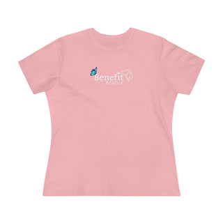 Lincoln Butterfly Women's Premium Tee in Pink. Shown is the front of shirt with Benefit Beagle Logo kissed by butterfly. The back of shirt showcases profile of a dog with a blue butterfly on its nose and the phrase "Kindness is Strength" next to it.