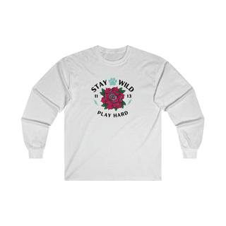 Stay Wild Ultra Cotton Long Sleeve Tee in White. The Stay Wild Design features a tattoo style rose with the phrase "Stay Wild, Play Hard" around it. The back of shirt features the Stay Wild Benefit Beagle Logo Design.