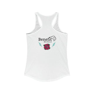 Stay Wild Women's Ideal Racerback Tank in White.  Shown is the back of shirt with Benefit Beagle Logo complete with Tattoo Rose. On front of shirt is Stay Wild Design featuring a tattoo style rose with the phrase "Stay Wild, Play Hard" around it.