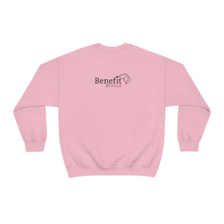 Easily Distracted Unisex Heavy Blend Crewneck Sweatshirt in Pink. Shown is back design with the classic Benefit Beagle Logo. The front design features a dog waving with the saying "Easily Distracted by Dogs" below it.