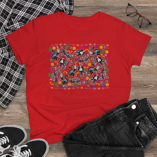 Dia De Los Muertos Women's Midweight Cotton Tee Shirt in Red. Shown is the front of shirt featuring print of dogs and cats with Dia de los Muertos traditional decorations. On the back is a similar Benefit Beagle Logo.