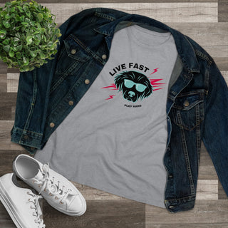 Play Hard Women's Premium Tee Shirt in Athletic Heather. The design features a cool dog with sunglasses and lightening bolts around it. The phrase "Live Fast, Play Hard" is around the design.