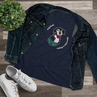 Signature Tattoo Roses Women's Premium Tee in Navy. Shown is front of shirt with the Signature Tattoo Roses design featuring a dog with roses around it and the phrase "Beagletude" and "Nothing is Impawssible". Back of shirt features the Benefit Beagle Logo.