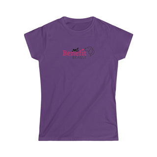 Meow Women's Softstyle Tee in Purple. Shown is front of shirt with the Benefit Beagle Logo featuring a peeping cat. The back showcases a wide eyed black cartoon cat with the phrase "Chatty Cat" above it.