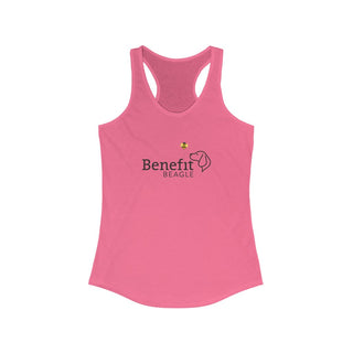 Bee Pawsitive Women's Racerback Tank shirt in Hot Pink. The front of shirt features the Bee Pawsitive Benefit Beagle Logo. The back of shirt showcases a dog dressed as a bee in a field of sunflowers with "Bee Pawsitive" written above.