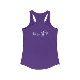 Easily Distracted Women's Racerback Tank in Purple Rush. Shown is back design with the classic Benefit Beagle Logo. The front design features a dog waving with the saying "Easily Distracted by Dogs" below it.