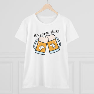 Beagle-Thirty Mugs Women's Midweight Cotton Tee in White. The front of shirt showcases Two Dog Adorned Mugs clinking with the saying, "It's Beagle-Thirty" above it. Back of shirt features corresponding Benefit Beagle Logo.