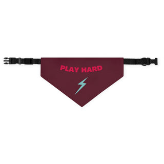 Play Hard Dog Collar Bandana in Maroon. The Play Hard design features the phrase "Play Hard" with a lightening bolt under it. Comes with adjustable black collar.