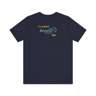 Beagle-Thirty Bottles Unisex Jersey Short Sleeve Tee in Navy. Shown is back of shirt featuring "Beagle-Thirty" Benefit Beagle Logo. The front Showcases Two Paw Labeled Bottles clinking with, "It's Beagle-Thirty" written next to it.