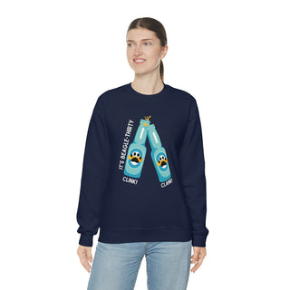 Beagle-Thirty Bottles Unisex Heavy Blend Crewneck Sweatshirt in Navy. The front of shirt showcases Two Paw Labeled Bottles clinking with the saying, "It's Beagle-Thirty". Back of shirt features corresponding Benefit Beagle Logo.