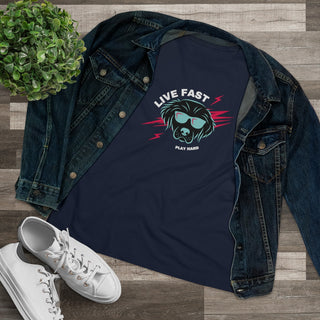 Play Hard Women's Premium Tee Shirt in Navy. The design features a cool dog with sunglasses and lightening bolts around it. The phrase "Live Fast, Play Hard" is around the design.