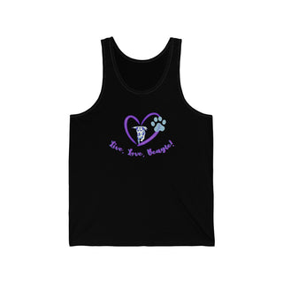 Live, Love, Beagle Unisex Jersey Tank in Black. The Live, Love, Beagle design features a dog running through a heart with the phrase "Live, Love, Beagle!" under it.