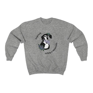 Signature Tattoo Flowers Crewneck Sweatshirt in Sport Grey. Shown is front of shirt with the Signature Tattoo Flowers design featuring a dog with flowers around it and the phrase "Beagletude" and "Nothing is Impawssible". Back of shirt features the Benefit Beagle Logo.