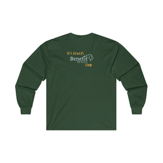 Beagle-Thirty Mugs Unisex Ultra Cotton Long Sleeve Tee in Forest Green. Shown is back of shirt featuring "Beagle-Thirty" Benefit Beagle Logo. The front Showcases Two Dog Adorned Mugs clinking with, "It's Beagle- Thirty" written above it.