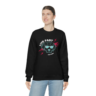 Play Hard Unisex Heavy Blend Crewneck Sweatshirt in Black. The design features a cool dog with sunglasses and lightening bolts around it. The phrase "Live Fast, Play Hard" is around the design.