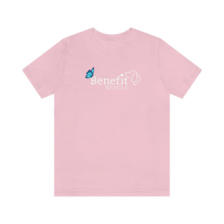 Lincoln Butterfly Unisex Jersey Short Sleeve Tee in Pink. Shown is the front of shirt with Benefit Beagle Logo kissed by butterfly. The back of shirt showcases profile of a dog with a blue butterfly on its nose and the phrase "Kindness is Strength" next to it.