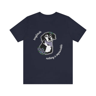 Signature Tattoo Flowers Unisex Jersey Short Sleeve Tee in Navy. Shown is front of shirt with the Signature Tattoo Flowers design featuring a dog with flowers around it and the phrase "Beagletude" and "Nothing is Impawssible". Back of shirt features the Benefit Beagle Logo.