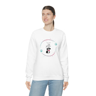 Dog Hair is my Glitter Unisex Crewneck in White. The Dog Hair is my Glitter design features a dog with the phrase "Dog Hair is my Glitter" above it and it is surrounded by a circle with paw prints.