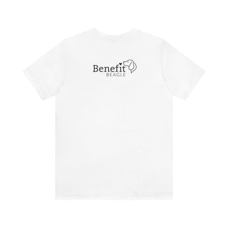 Easily Distracted Unisex Jersey Short Sleeve Tee in White. Shown is back design with the classic Benefit Beagle Logo. The front design features a dog waving with the saying "Easily Distracted by Dogs" below it.