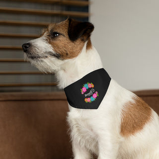 Dog wearing the Dia De Los Muertos Dog Collar Bandana in Black. The Dia De Los Muertos design features the Benefit Beagle logo with flowers surrounding it. Comes with adjustable black collar.