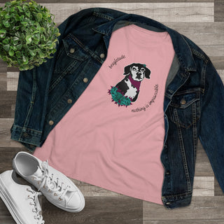 Signature Tattoo Roses Women's Premium Tee in Pink. Shown is front of shirt with the Signature Tattoo Roses design featuring a dog with roses around it and the phrase "Beagletude" and "Nothing is Impawssible". Back of shirt features the Benefit Beagle Logo.