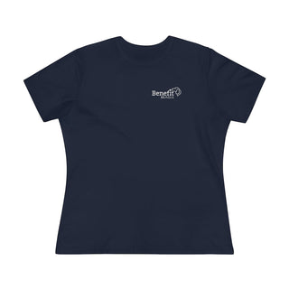 Live in the Moment Women's Premium Tee in Navy. The Live in the Moment design features the Benefit Beagle logo in the top corner of the garment.