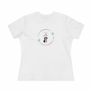 Dog Hair is my Glitter Women's Premium Tee in White. The Dog Hair is my Glitter design features a dog with the phrase "Dog Hair is my Glitter" above it and it is surrounded by a circle with paw prints.