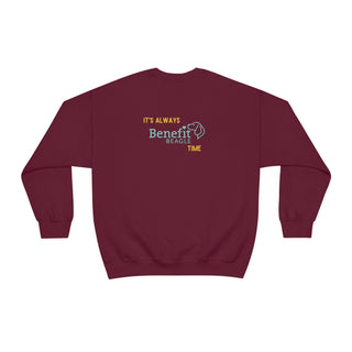 Beagle-Thirty Bottles Unisex Heavy Blend Crewneck Sweatshirt in Maroon. Shown is back of shirt featuring "Beagle-Thirty" Benefit Beagle Logo. The front Showcases Two Paw Labeled Bottles clinking with, "It's Beagle-Thirty" written next to it.