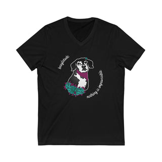 Signature Tattoo Roses Unisex Jersey Short Sleeve V-Neck Tee in Black. Shown is front of shirt with the Signature Tattoo Roses design featuring a dog with roses around it and the phrase "Beagletude" and "Nothing is Impawssible". Back of shirt features the Benefit Beagle Logo.