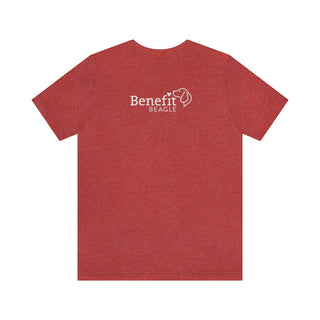 Signature Tattoo Flowers Unisex Jersey Short Sleeve Tee in Heather Red. Shown is back of shirt with the Benefit Beagle Logo. Front of shirt has the Signature Tattoo Flowers design featuring a dog with flowers around it and the phrase "Beagletude" and "Nothing is Impawssible".