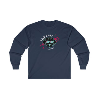 Play Hard Ultra Long Sleeve Tee in Navy. The design features a cool dog with sunglasses and lightening bolts around it. The phrase "Live Fast, Play Hard" is around the design.