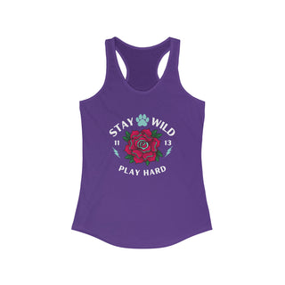 Stay Wild Women's Ideal Racerback Tank in Purple Rush. The Stay Wild Design features a tattoo style rose with the phrase "Stay Wild, Play Hard" around it.  The back of shirt features the Stay Wild Benefit Beagle Logo Design.