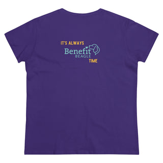 Beagle-Thirty Bottles Women's Midweight Cotton Tee in Purple. Shown is back of shirt featuring "Beagle-Thirty" Benefit Beagle Logo. The front Showcases Two Paw Labeled Bottles clinking with, "It's Beagle-Thirty" written next to it.