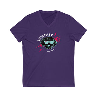 Play Hard Unisex Jersey Short Sleeve V-Neck Tee Shirt in Team Purple. The design features a cool dog with sunglasses and lightening bolts around it. The phrase "Live Fast, Play Hard" is around the design.