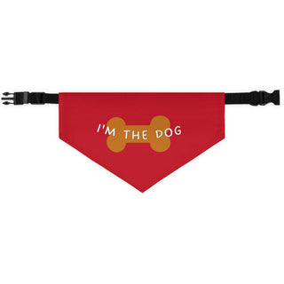 Easily Distracted Dog Collar Bandana in Red. The design features a large dog bone with the words, "I'M THE DOG" written across it. Comes with adjustable black collar.