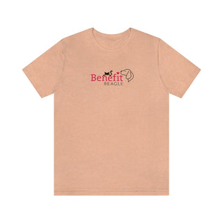 Meow Unisex Jersey Short Sleeve Tee in Heather Peach. Shown is front of shirt with the Benefit Beagle Logo featuring a peeping cat. The back showcases a wide eyed black cartoon cat with the phrase "Chatty Cat" above it.