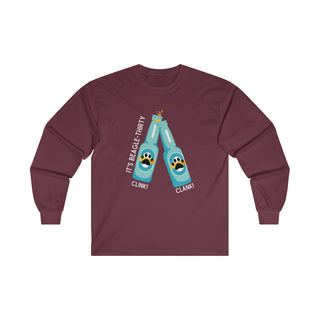 Beagle-Thirty Bottles Unisex Ultra Cotton Long Sleeve Tee in Maroon. The front of shirt showcases Two Paw Labeled Bottles clinking with the saying, "It's Beagle-Thirty". Back of shirt features corresponding Benefit Beagle Logo.