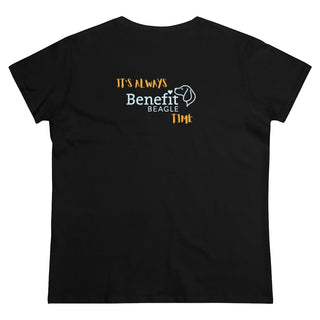 Beagle-Thirty Mugs Women's Midweight Cotton Tee in Black. Shown is back of shirt featuring "Beagle-Thirty" Benefit Beagle Logo. The front Showcases Two Dog Adorned Mugs clinking with, "It's Beagle-Thirty" written above it.