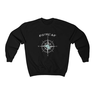 Adventures Await Unisex Crewneck Sweatshirt in Black. The front of shirt features the Adventures Await design with a dog inside a nautical compass and the words "Adventures Await" above it. The back of the shirt has similar Benefit Beagle Logo.