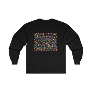 Dia De Los Muertos Unisex Ultra Cotton Long Sleeve Tee Shirt in Black. Shown is the front of shirt featuring print of dogs and cats with Dia de los Muertos traditional decorations. On the back is a similar Benefit Beagle Logo.