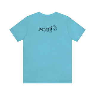 Signature Tattoo Flowers Unisex Jersey Short Sleeve Tee in Turquoise. Shown is back of shirt with the Benefit Beagle Logo. Front of shirt has the Signature Tattoo Flowers design featuring a dog with flowers around it and the phrase "Beagletude" and "Nothing is Impawssible".