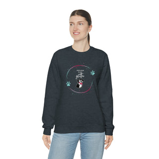 Dog Hair is my Glitter Unisex Crewneck in Dark Heather. The Dog Hair is my Glitter design features a dog with the phrase "Dog Hair is my Glitter" above it and it is surrounded by a circle with paw prints.