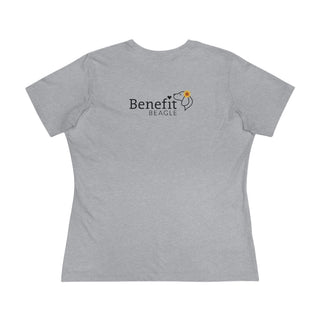 You are my Sunshine Women's Premium Tee shirt in Athletic Heather. Shown is back of shirt featuring the Sunflower Benefit Beagle Logo. The front showcases a sunflower which is split down the middle and half is made out of paw prints. Underneath is the phrase "You are my Sunshine".