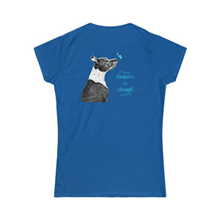 Lincoln Butterfly Women's Softstyle Tee in Royal. Shown is back of shirt design showcasing profile of a dog with a blue butterfly on its nose and the phrase "Kindness is Strength" next to it. The front of shirt has Benefit Beagle Logo kissed by a Butterfly.