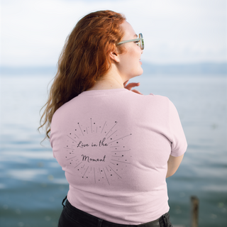 Live in the Moment Women's Premium Tee in Pink. The Live in the Moment design features a graphic on the back with the phrase "Live in the Moment" surrounded by shooting stars.