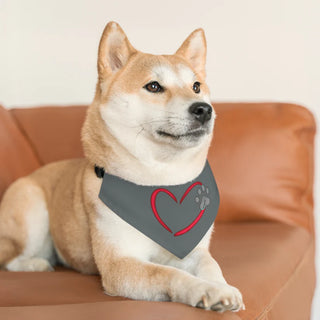 Dog wearing the Live, Love, Beagle Dog Collar Bandana in Grey. The Live, Love, Beagle design features a heart with a paw print. Comes with black adjustable collar. 