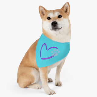 Dog wearing the Live, Love, Beagle Dog Collar Bandana in Blue. The Live, Love, Beagle design features a heart with a paw print. Comes with black adjustable collar.