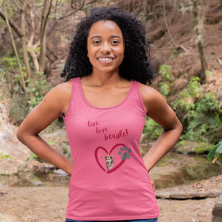 Live, Love, Beagle Women's Ideal Racerback Tank in Hot Pink. The Live, Love, Beagle design features a dog running through a heart with the phrase "Live, Love, Beagle!" above it.