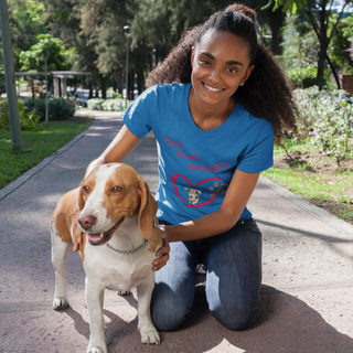 Live, Love, Beagle Women's Softstyle Tee in Royal Blue. The Live, Love, Beagle design features a dog running through a heart with the phrase "Live, Love, Beagle!" above it.