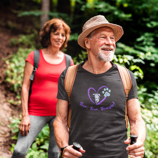 Live, Love, Beagle Unisex Jersey Short Sleeve Tee in Dark Grey Heather. The Live, Love, Beagle design features a dog running through a heart with the phrase "Live, Love, Beagle!" under it. 